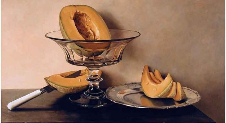 ظرف میوه با طالبی، یک نمونه نقاشی فزون‌واقع‌نما اثر مارو داوید.